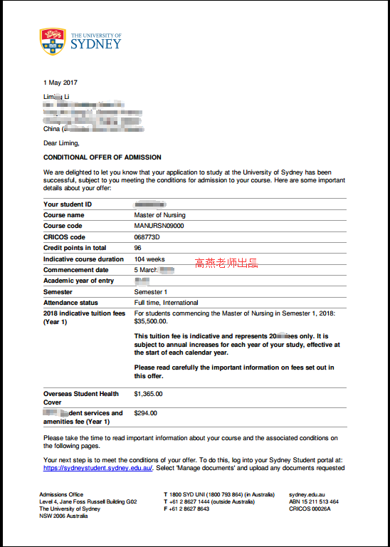 Li同学绩点2.96,分数偏低,无雅思,托福 成功申请悉尼大学护理硕士 立思辰留学360高燕老师